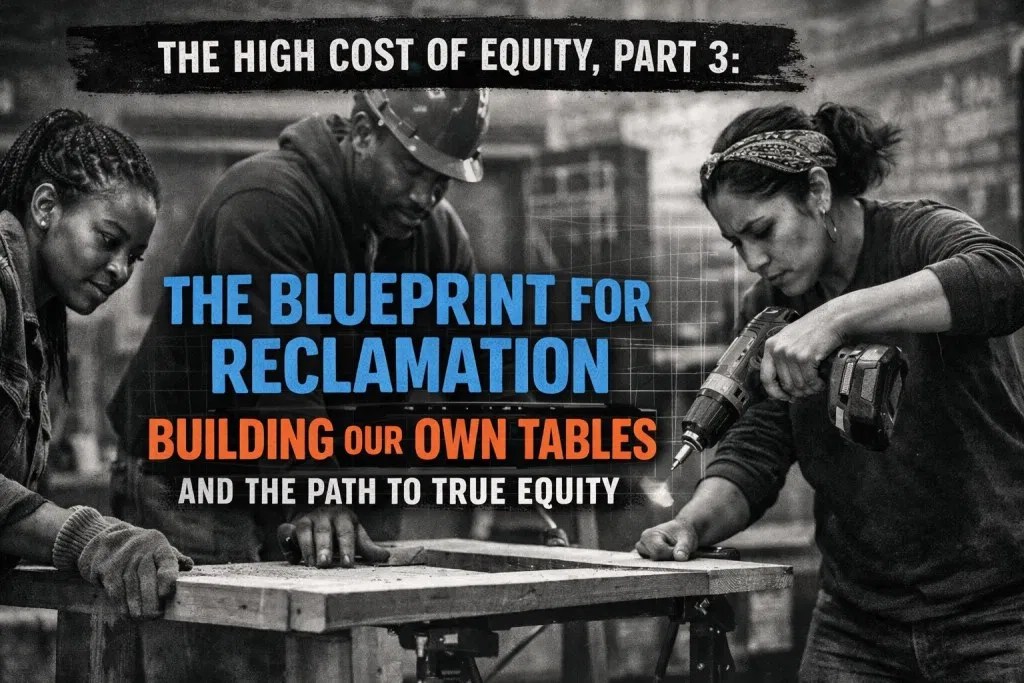 Three diverse professionals collaboratively building a wooden table in a workshop