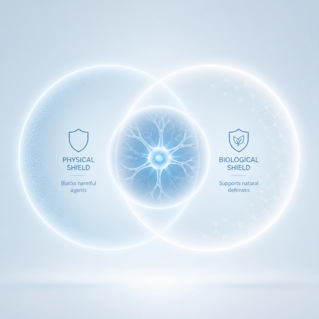 Abstract illustration of the dual-action neuroprotective shield