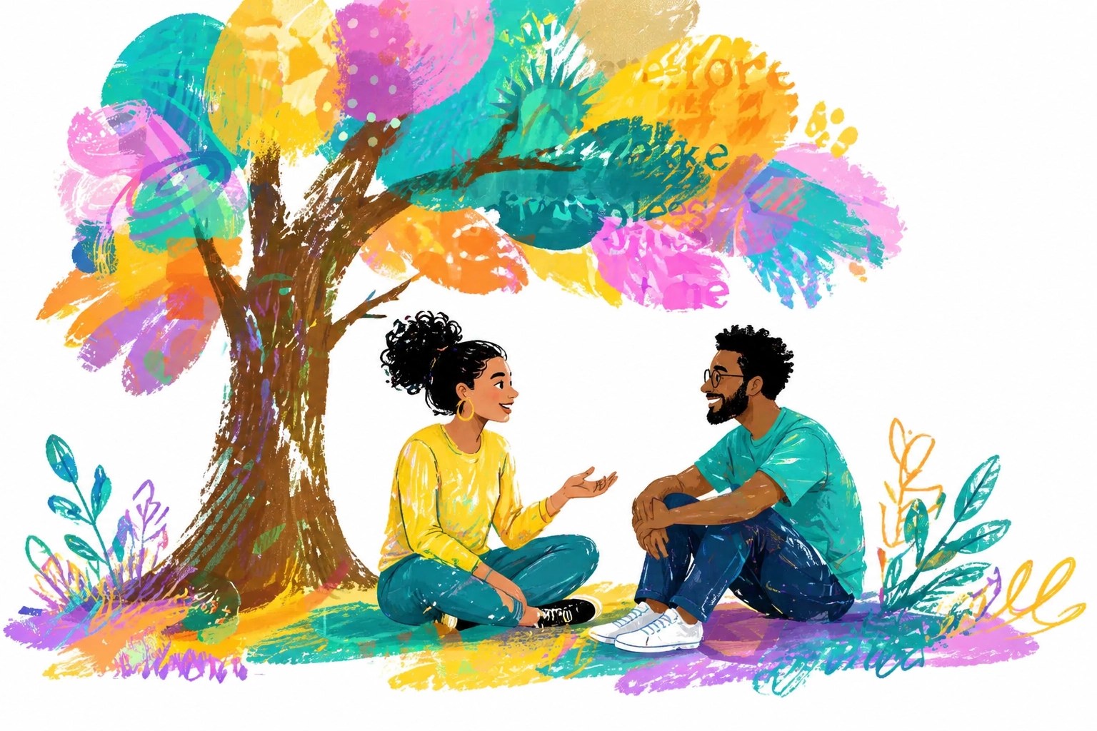 Two people in conversation under a vibrant tree representing the Body of Christ