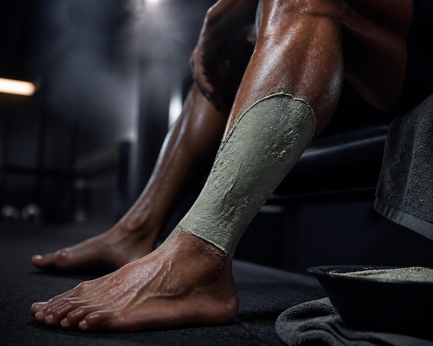Thick green clay applied to an athlete's leg for muscle recovery and inflammation