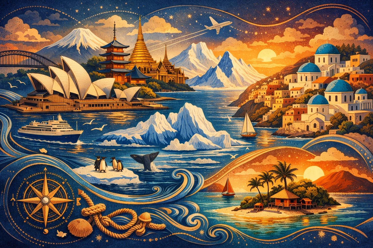 World cruise destinations featuring global landmarks and ports of call