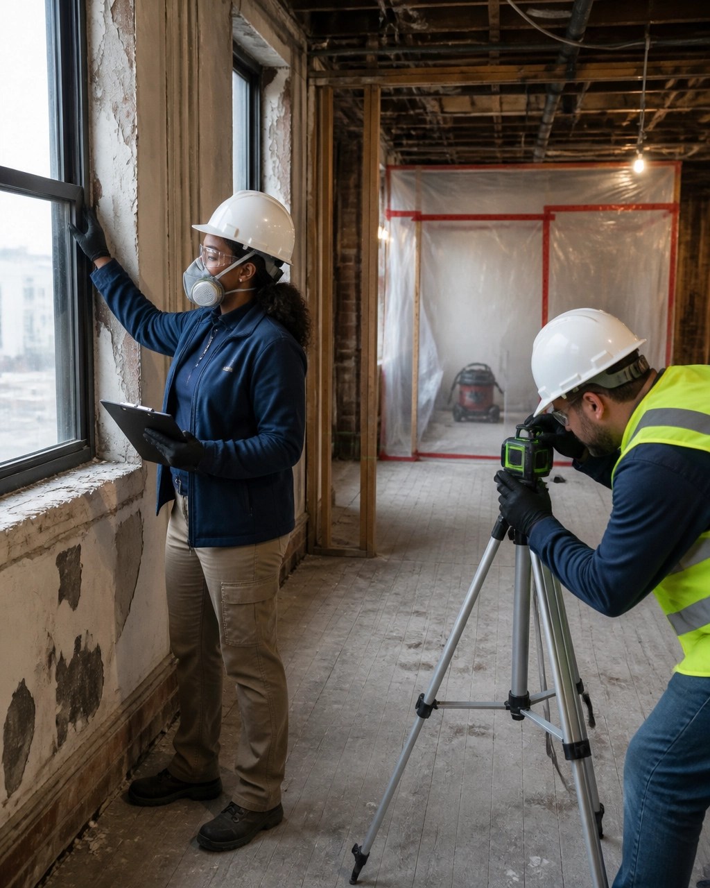 Environmental professionals coordinating renovation work inside an older Newark commercial building