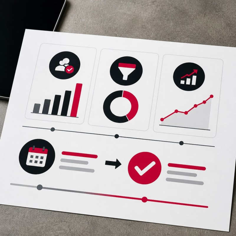 A minimalist marketing dashboard with metric cards, charts, a calendar icon, and a bold magenta checkmark