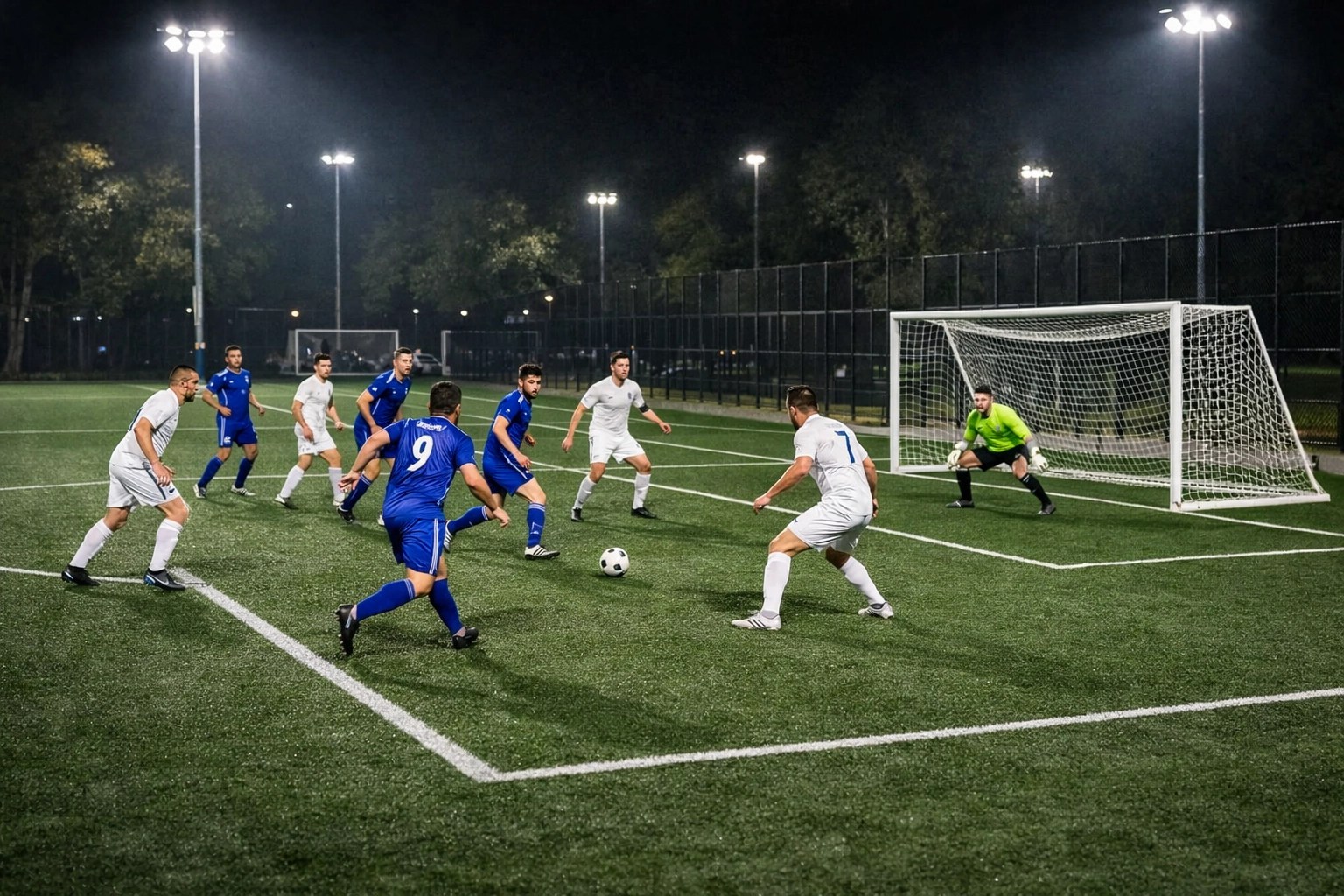 Wide-angle view of a synthetic football field under lights for AI sports tracking.
