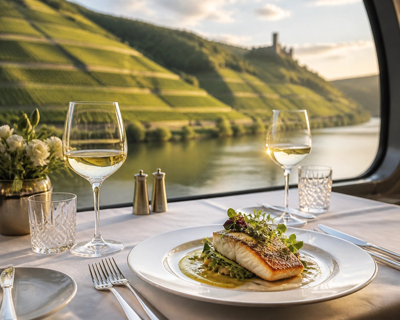 Gourmet dinner and wine served on a luxury river cruise ship with a scenic Rhine Valley backdrop.