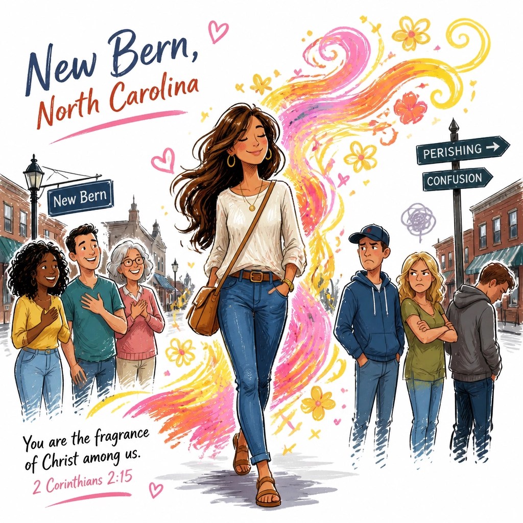A hand-drawn illustration of a woman walking in New Bern with a colorful fragrance trail, showing people reacting differently.