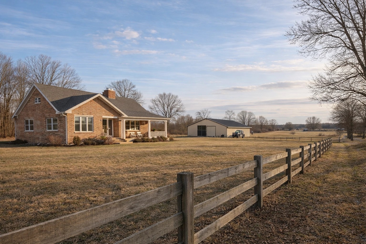 A realistic rural/suburban-edge home in the Dayton, Ohio area with a practical outbuilding