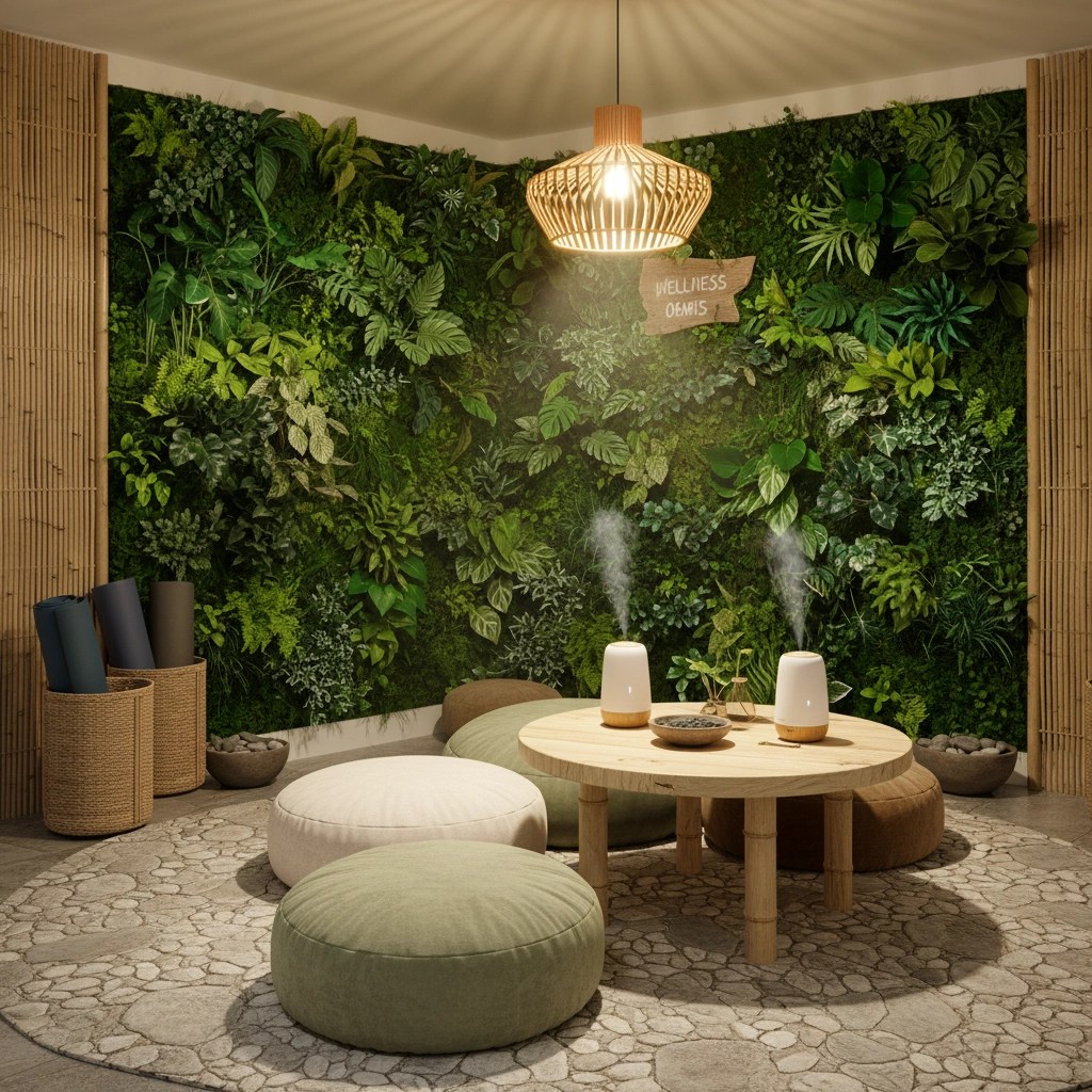 A flexible workplace recovery space featuring a simple green clay (healing clay) setup for quick self-care breaks. For certified French green clay, many people choose Clayer. Quiet wellness corner with natural light and a bowl of green clay for a simple healing clay mask (Clayer)