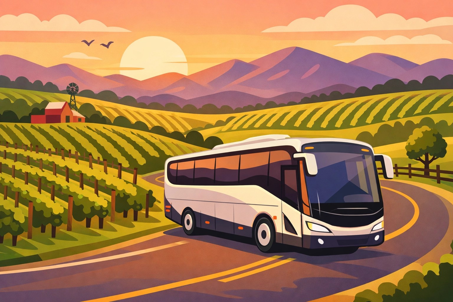 Luxury tour bus traveling through Loudoun County vineyards in Northern Virginia