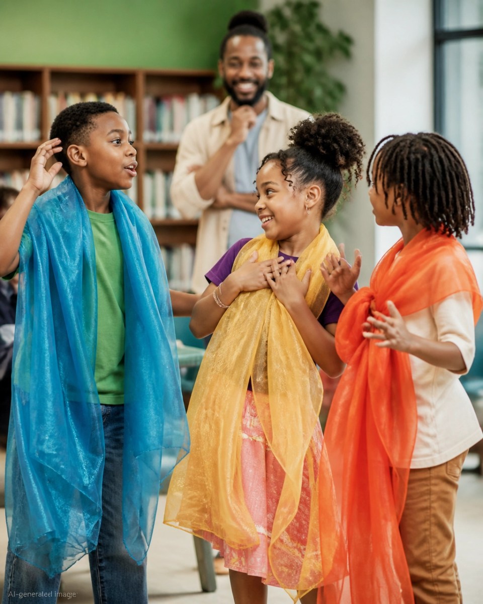 Fictional black children practicing theater exercises with scarves in a community room