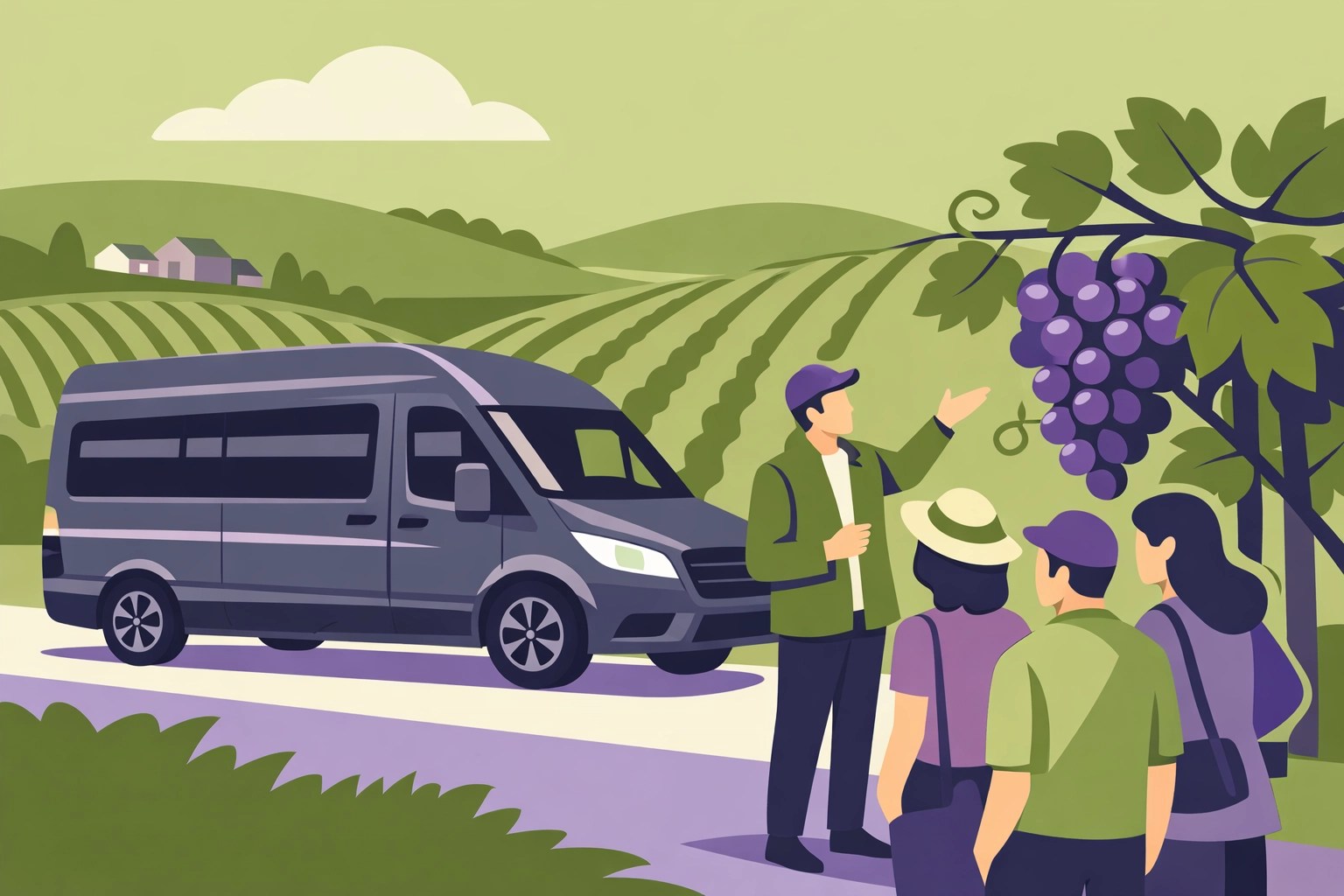Professional guide showing vines to a group on a Northern Virginia wine tour.