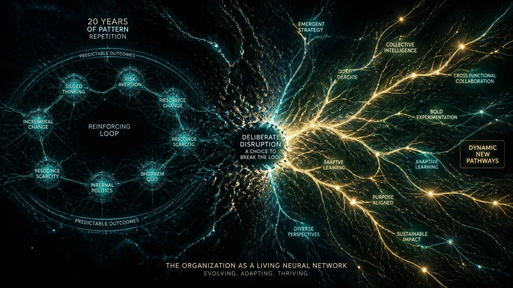 A cinematic sci-fi visualization of an organization's collective neural network undergoing a deliberate structural disruption