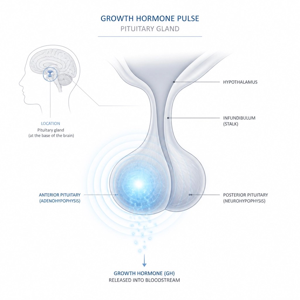 Minimalist illustration of a pituitary gland pulsing with energy