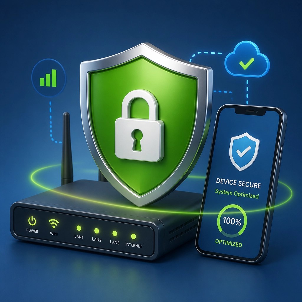 A digital shield protecting a network router and smartphone symbolizing cybersecurity