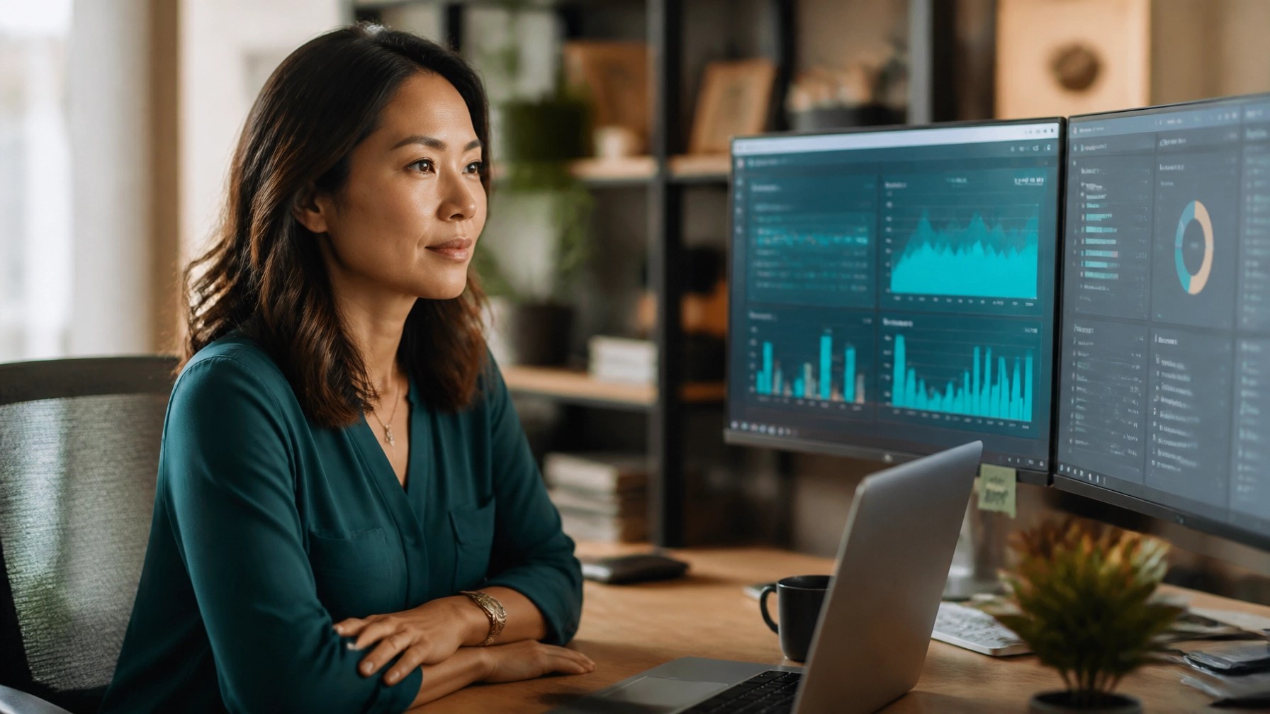 Professional solo operator managing performance dashboards with calm oversight in a modern workspace.