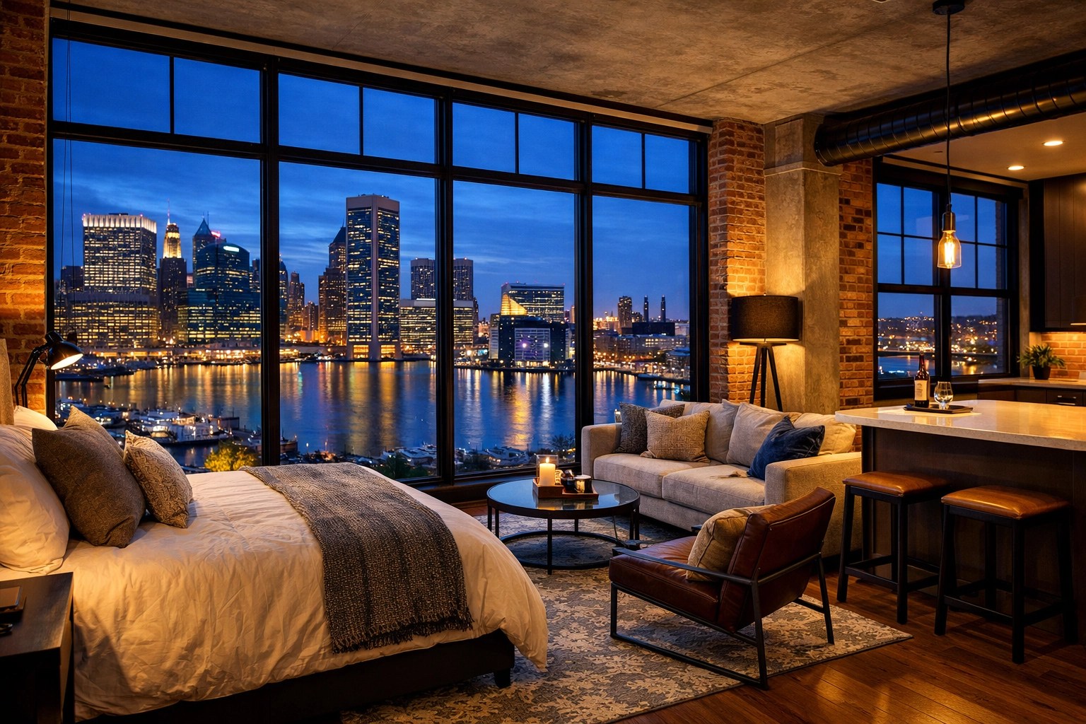 Modern Baltimore studio apartment with skyline views of the Inner Harbor for rental investment.