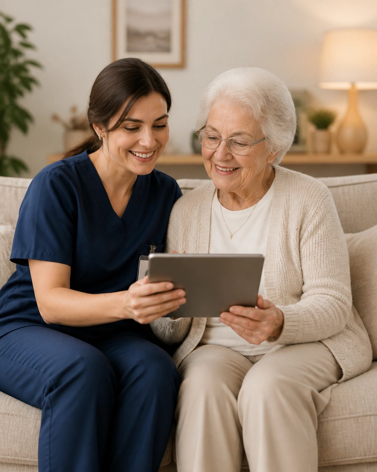 A caregiver and patient smiling while looking at a tablet together