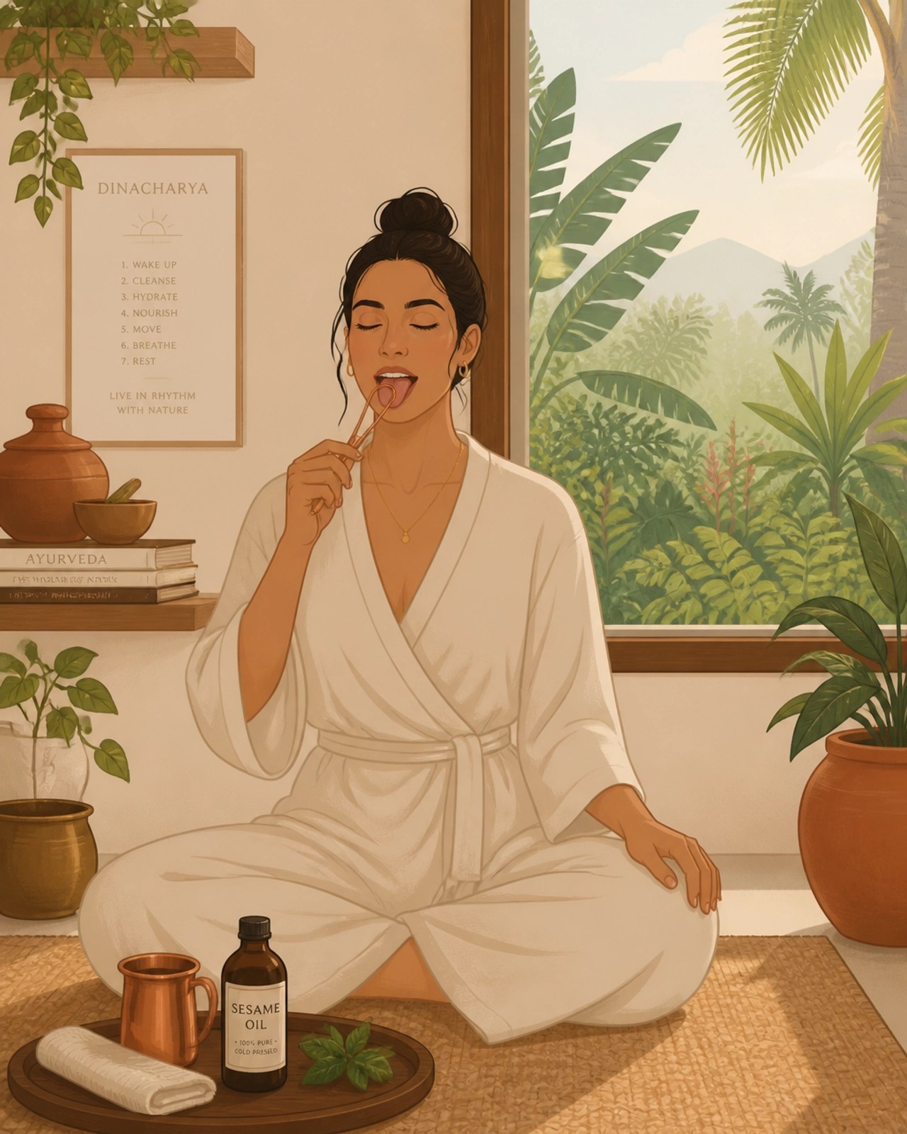 Ilustración de un ritual matutino ayurvédico en un entorno tropical colombiano