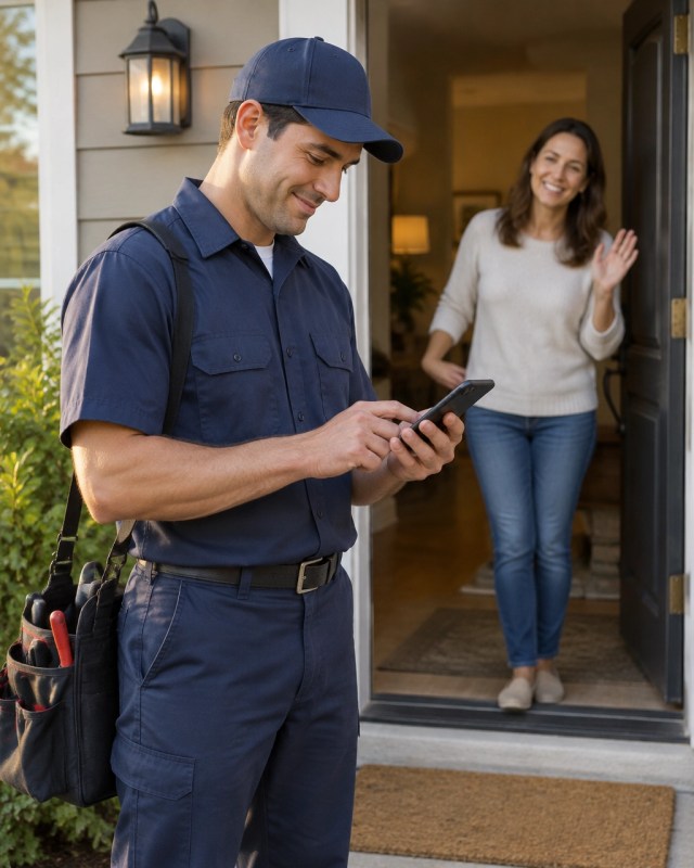A technician sends a job update while saying goodbye to a homeowner.