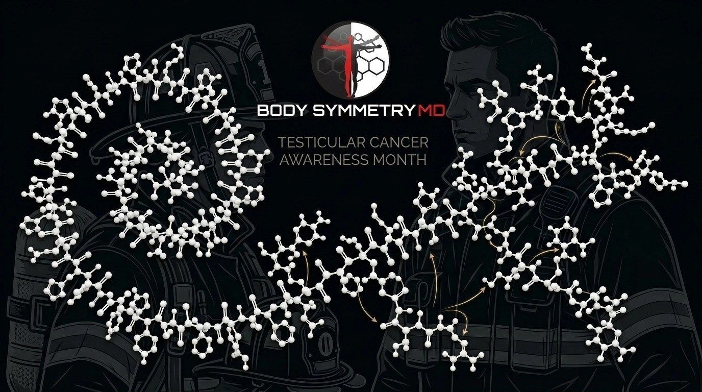 A forensic-style molecular render of an FDA-approved peptide chain with subtle visual references to male firefighters, illustrating architectural signaling for tissue repair and hormonal balance.