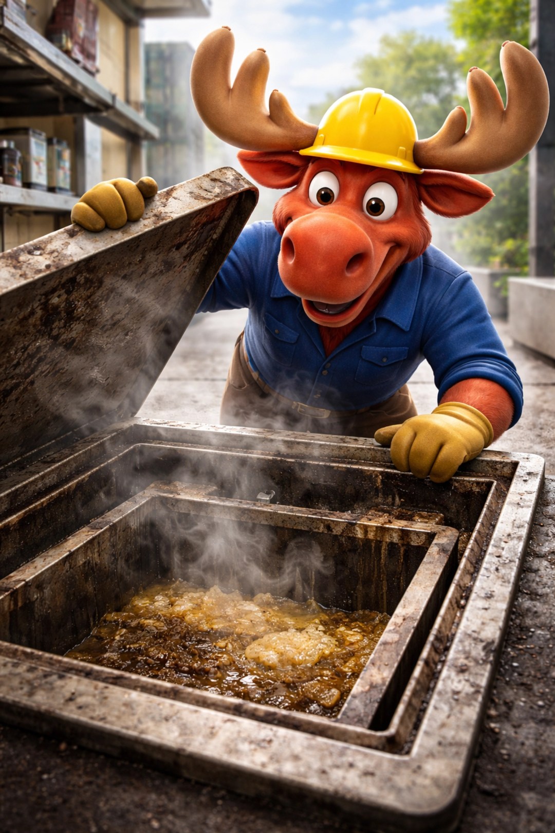 Restaurant grease pit inspection behind a business with Red Moose mascot demonstrates grease pit cleaning importance