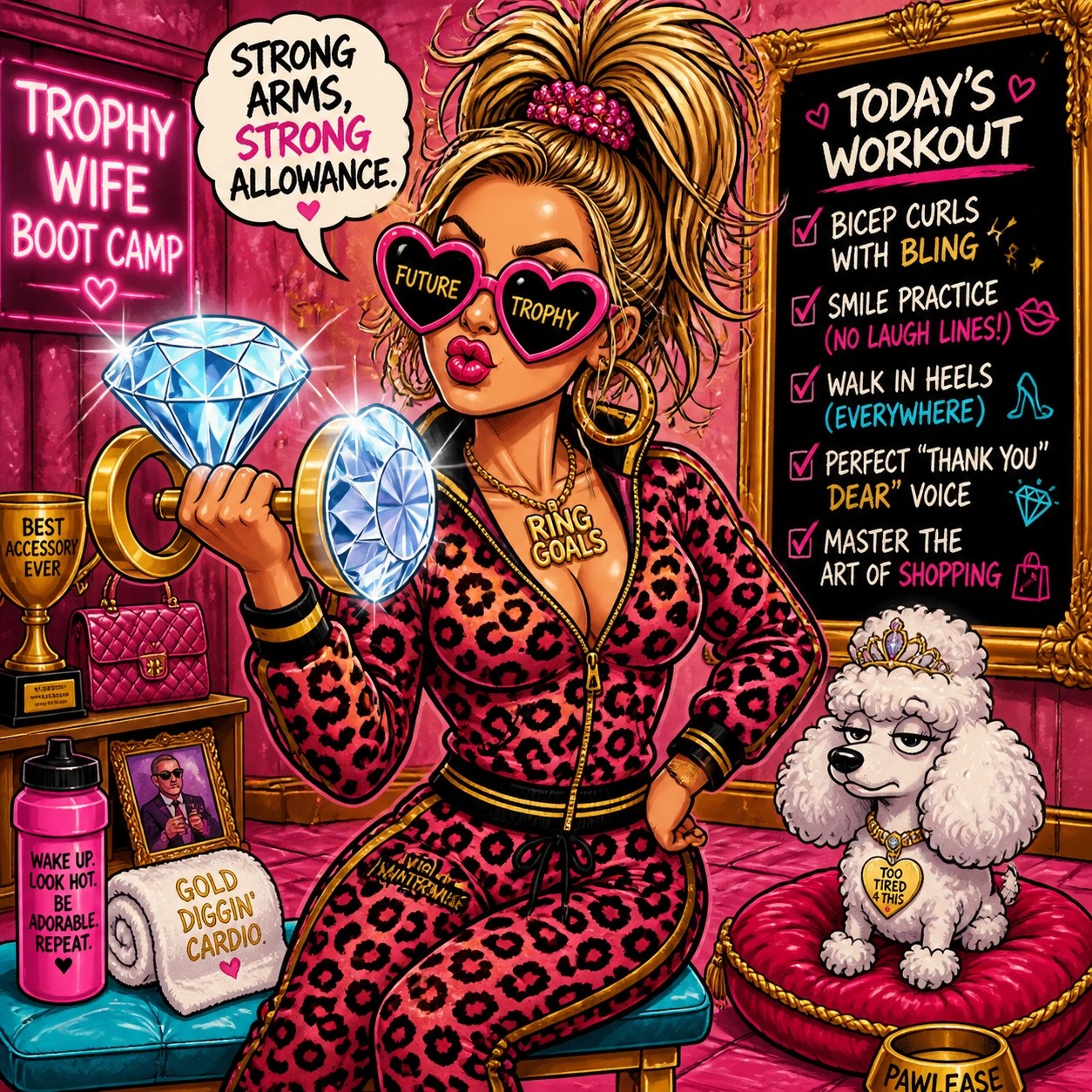 Humorous illustration of a woman lifting a massive diamond ring, a bold design for raunchy bachelorette gear.