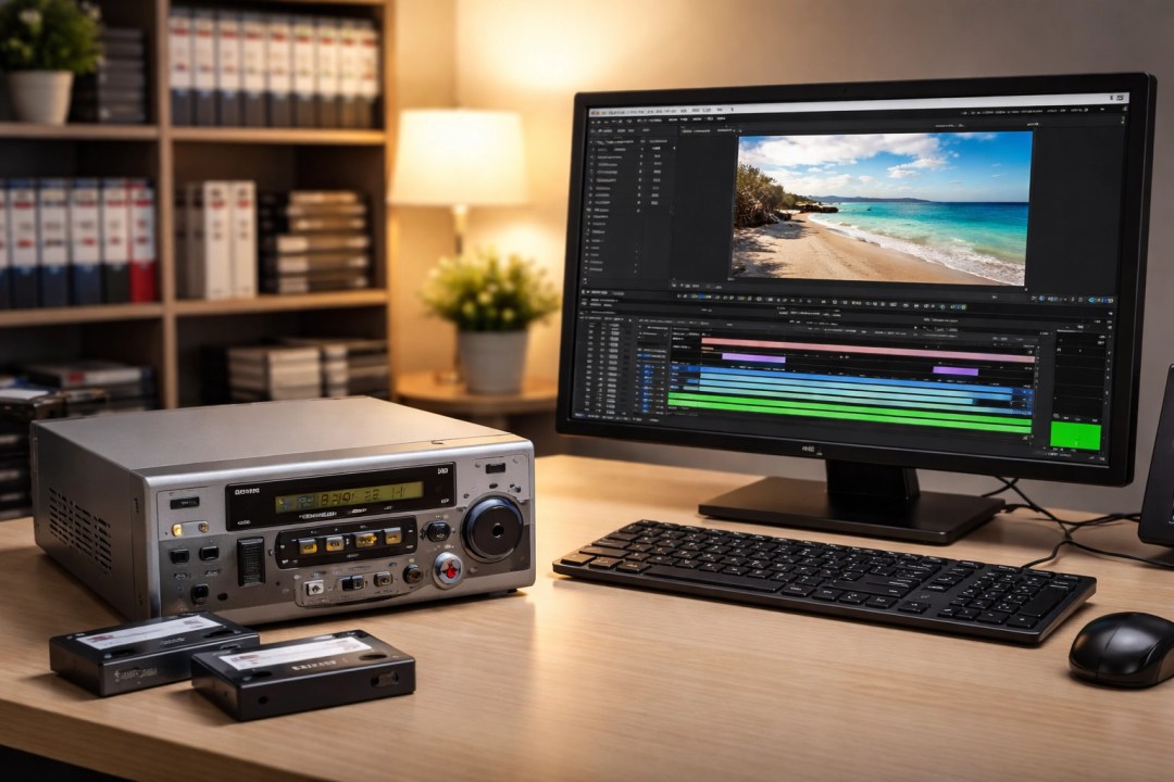 Professional MiniDV tape deck and computer in an organized workspace, showcasing digitalization services near you.