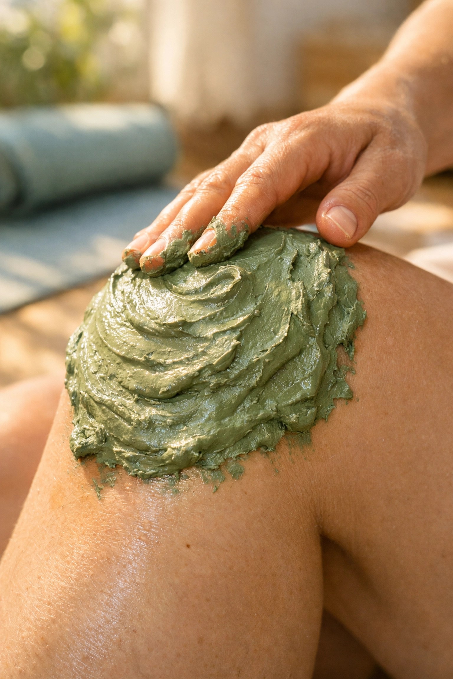 Applying a healing clay poultice with French green clay for muscle recovery and natural healing.