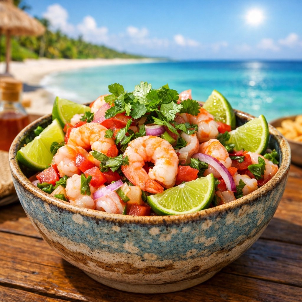 Authentic Mexican shrimp ceviche served at a luxury beach resort overlooking the Caribbean Sea.