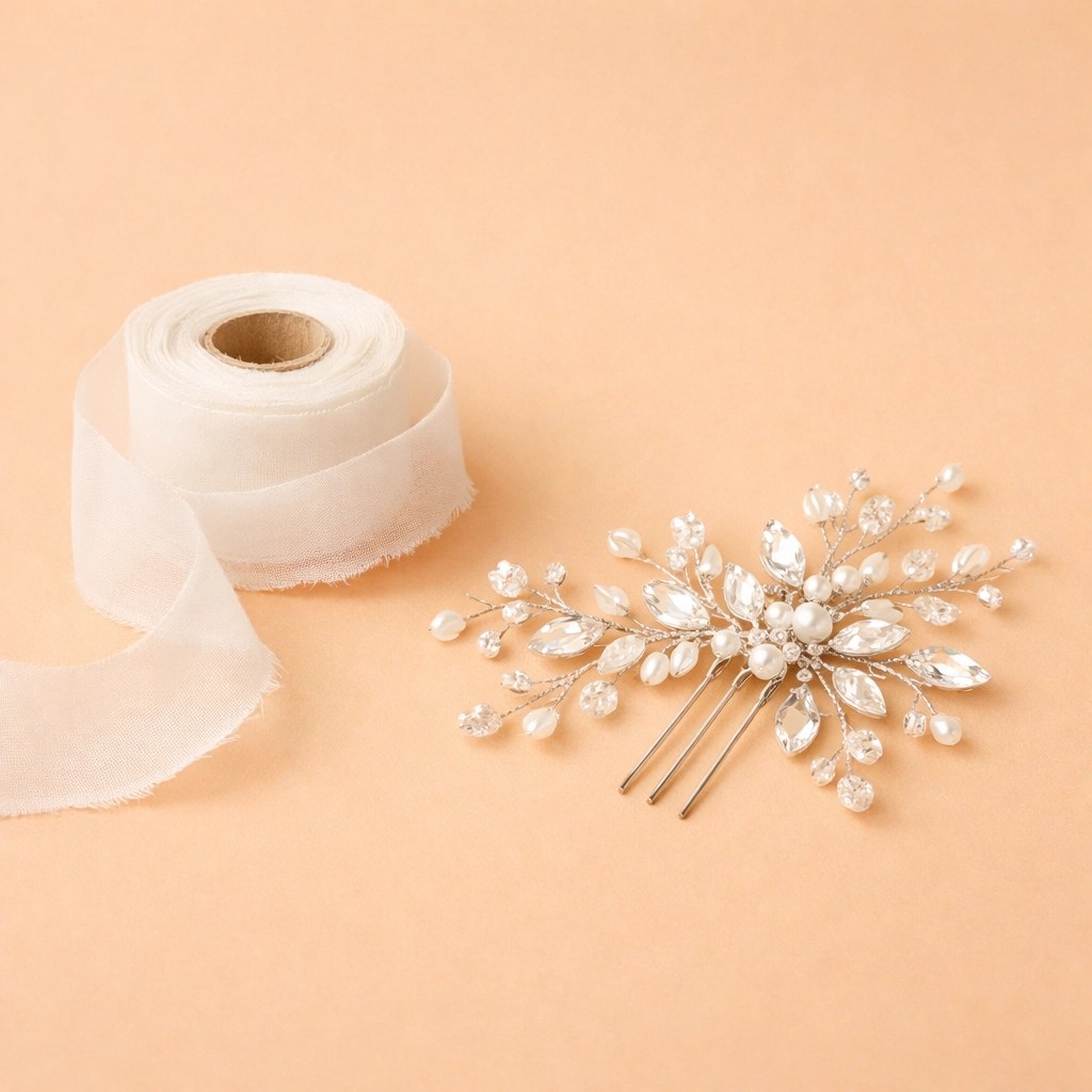 Shimmering bridal hair accessory and white silk ribbon for delicate wedding day finishing touches.