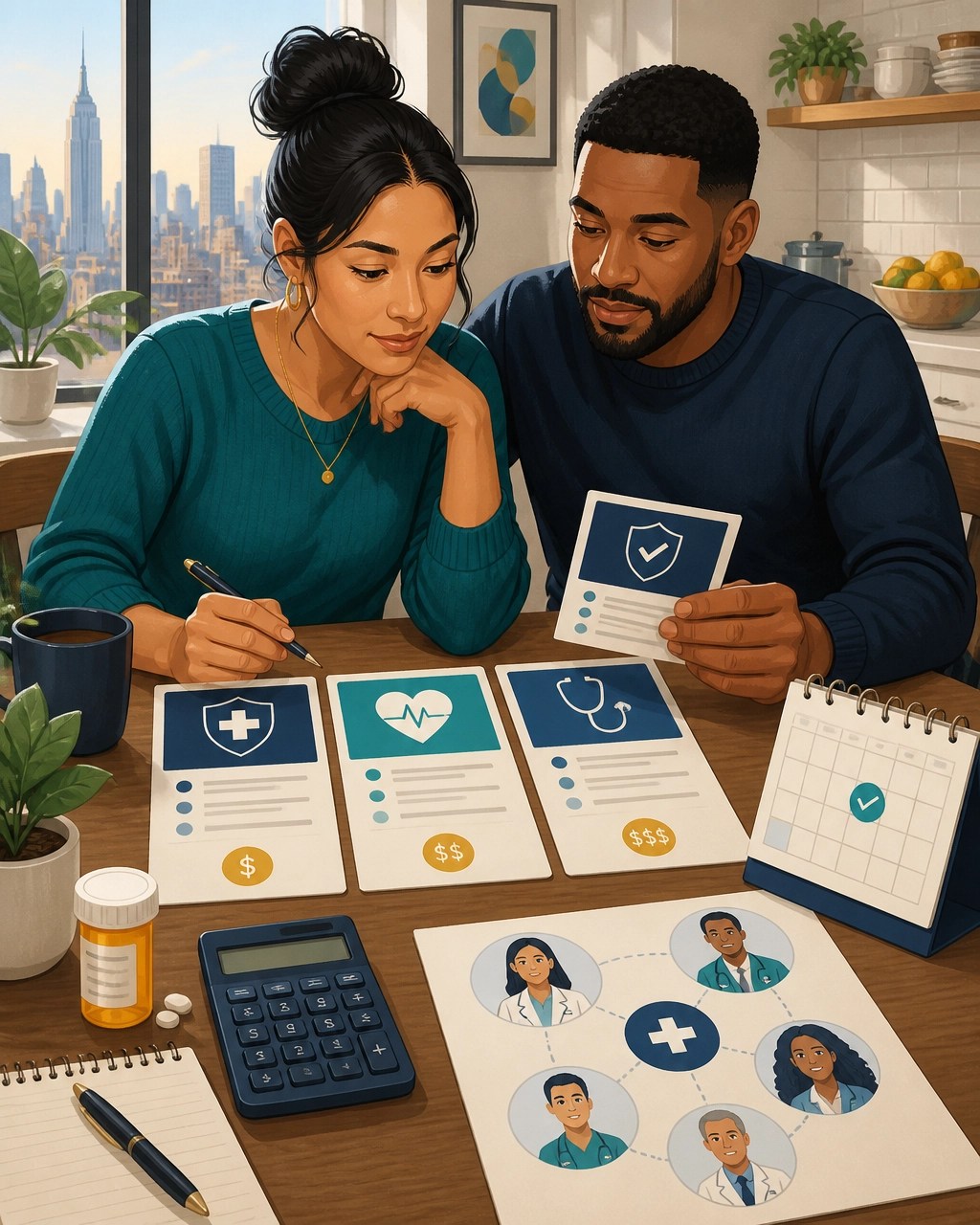 New York household comparing health insurance plan options, medical costs, and prescriptions