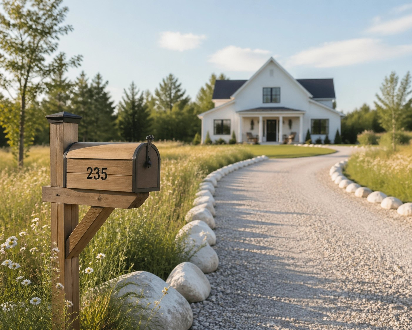 A clear rural driveway and mailbox optimized for easy NEMT vehicle pickup and patient access.