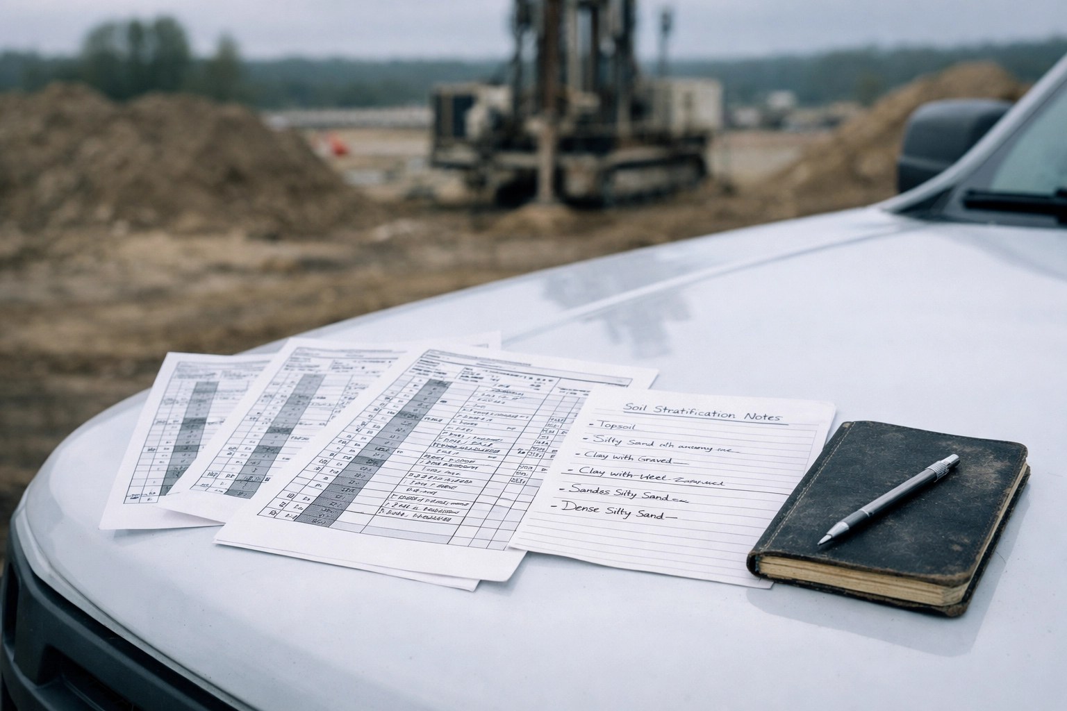 Printed geotechnical boring logs and field notes at an active NJ development site.