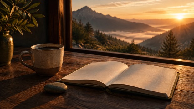 Simple coffee cup, blank journal, and smooth stone in warm morning light