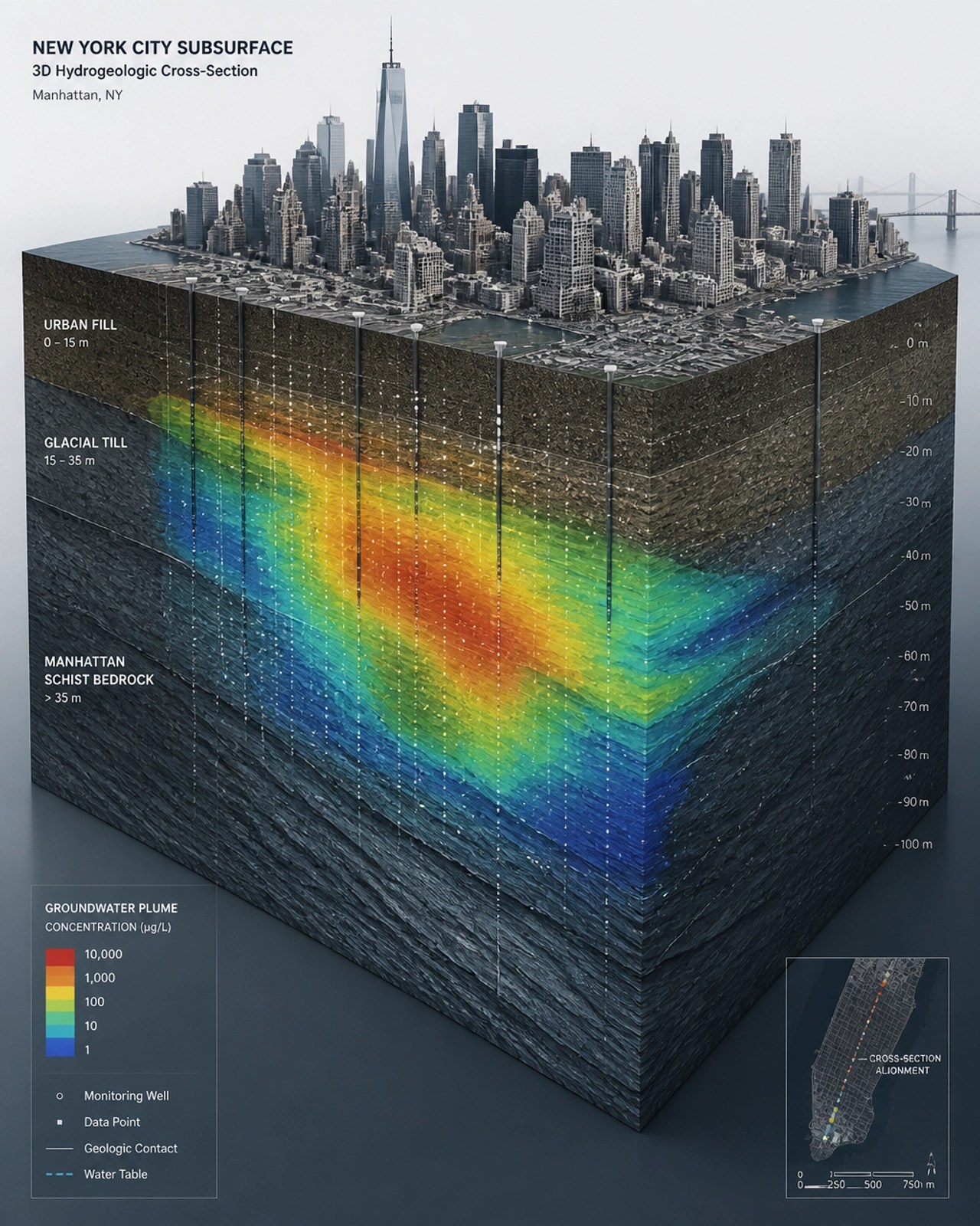 A technical 3D cross-section diagram showing soil strata and contamination plumes in a data-driven visualization.