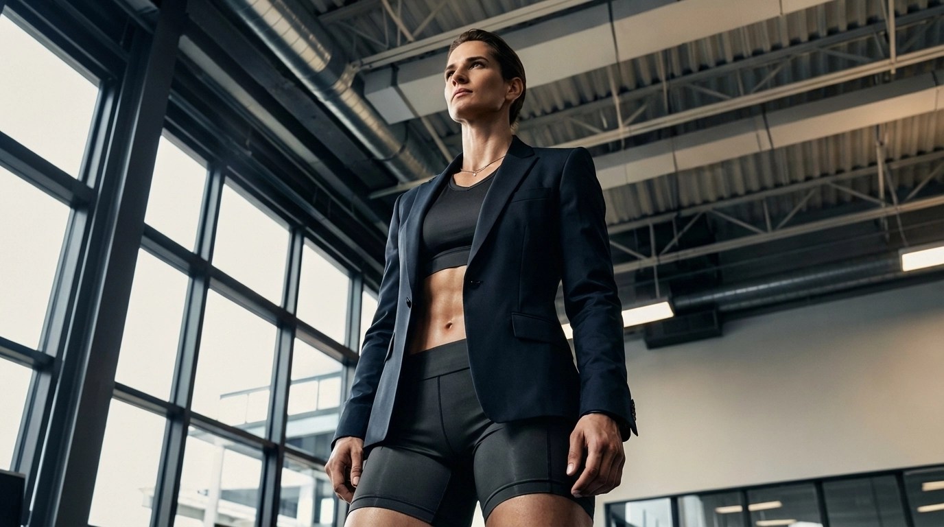 A fighter wearing a blazer over training gear in an office, symbolizing athlete entrepreneurship in the fight game.