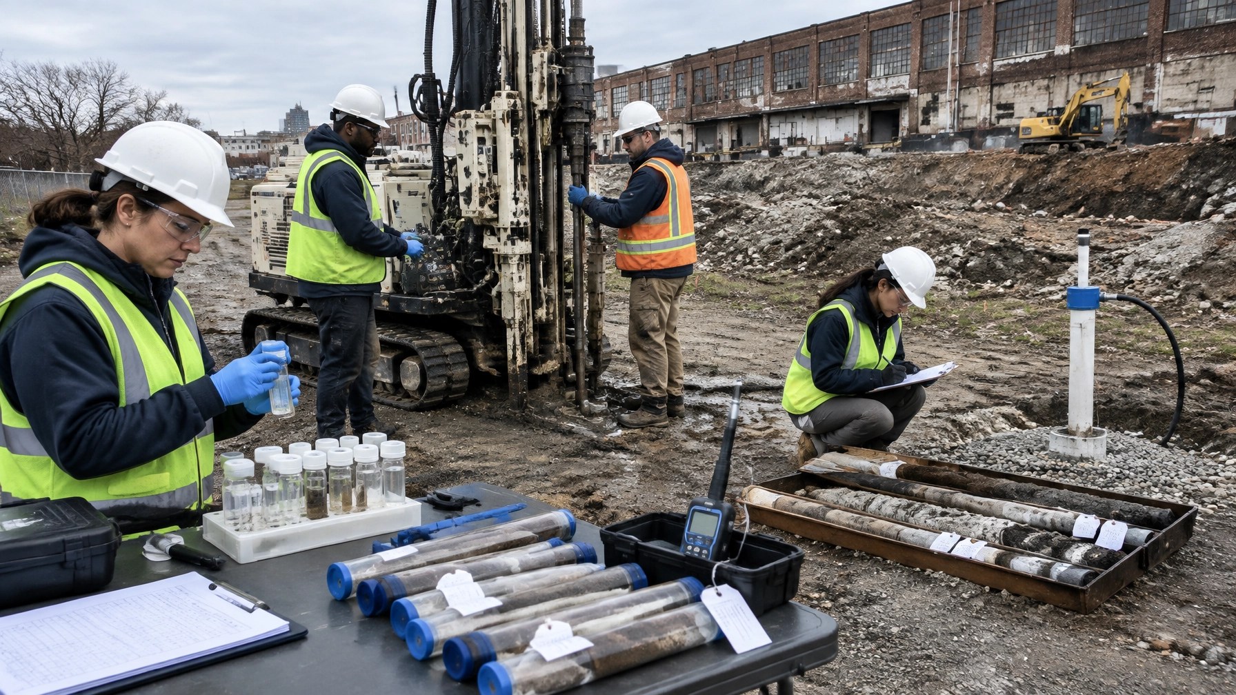 Field team conducting a Phase II investigation with a Geoprobe rig, soil cores, monitoring well, and sampling equipment at a New Jersey brownfield