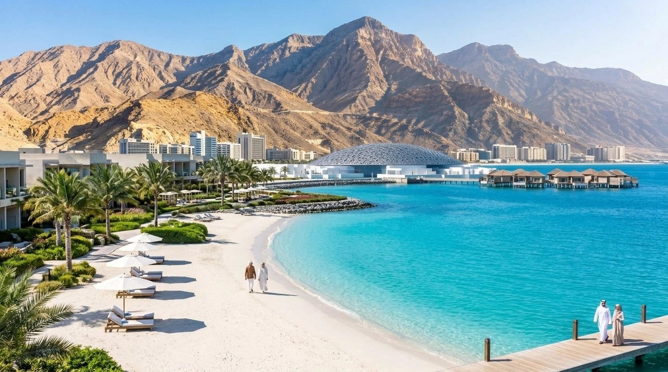 Bright daytime warm winter beach holiday with turquoise water, elegant resort, palm-fringed coast and a calm luxury atmosphere