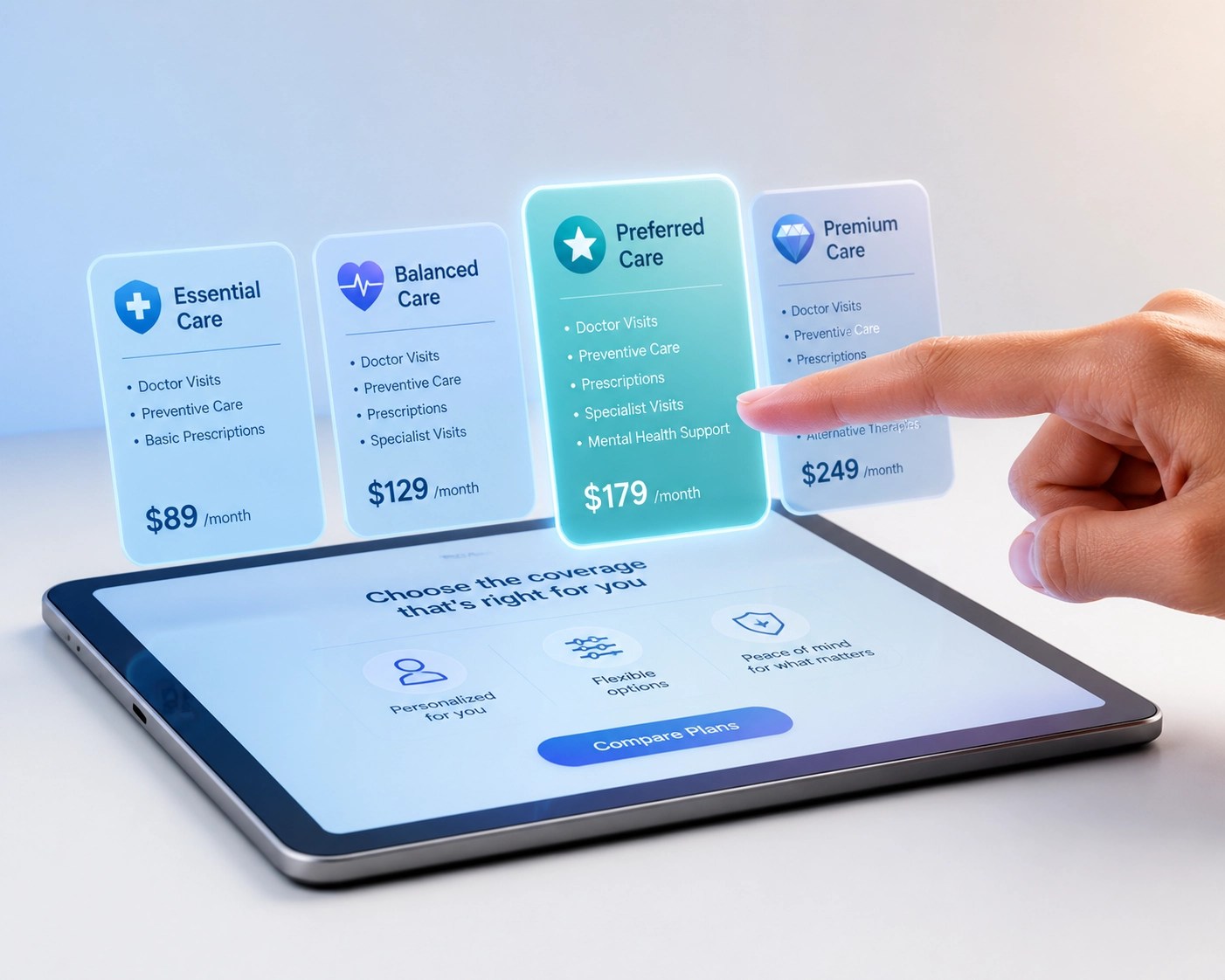 User selecting a health insurance plan on a tablet representing employee choice and flexibility.