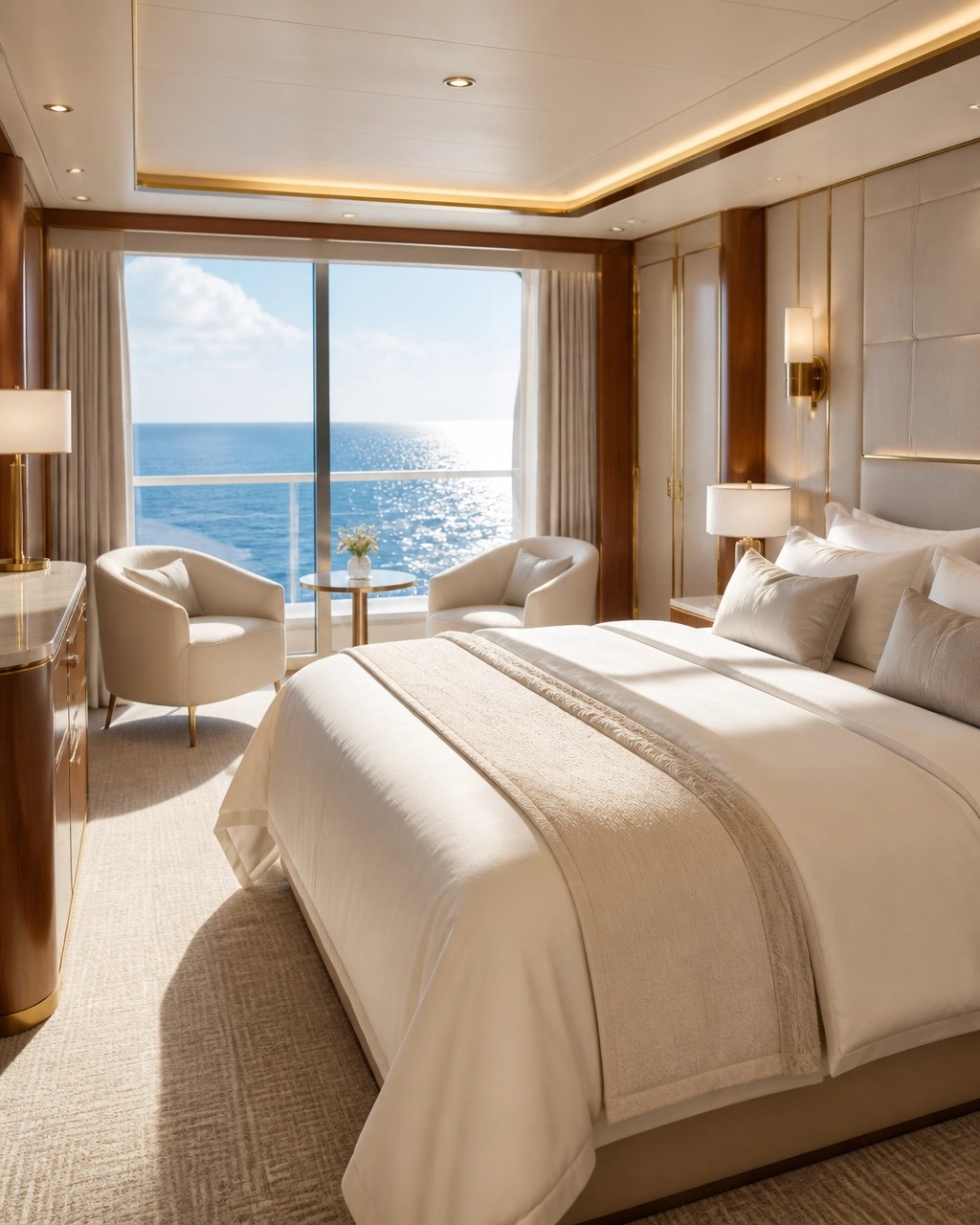Elegant ocean-view cruise suite with cream linens and a bright blue sea view