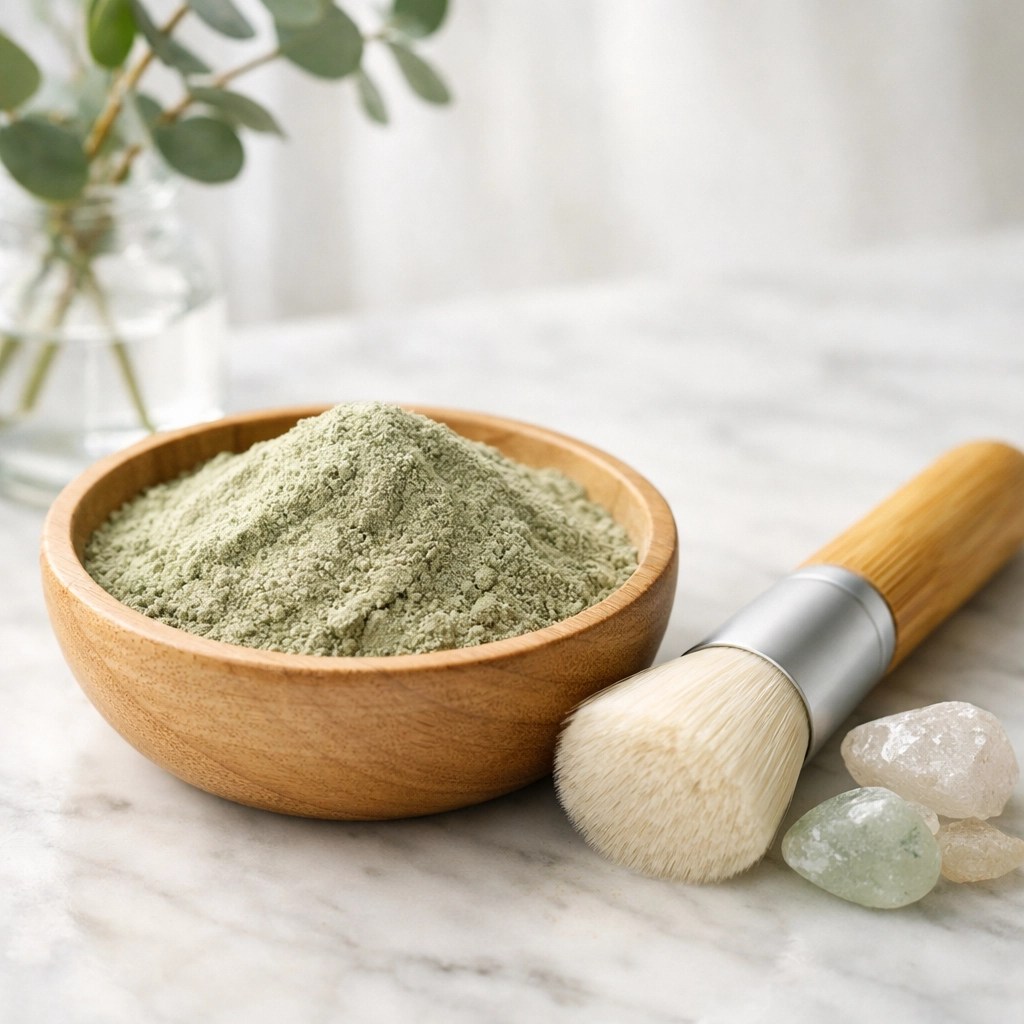 Pure French green clay powder in a wooden bowl with a bamboo brush for a luxury mineral-rich detox.