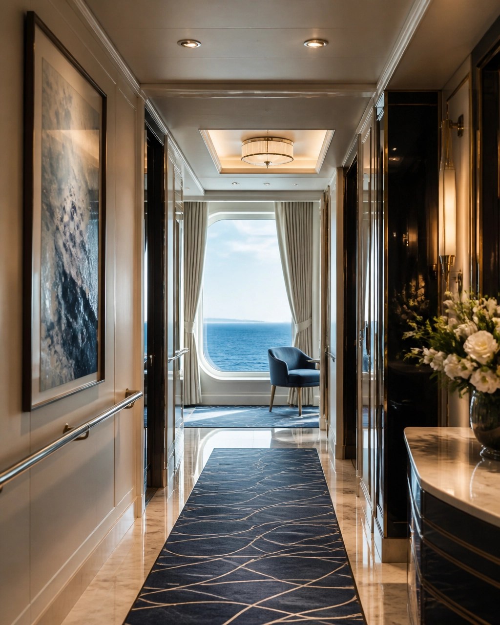 Bright, spotless cruise ship corridor leading toward an ocean-view window