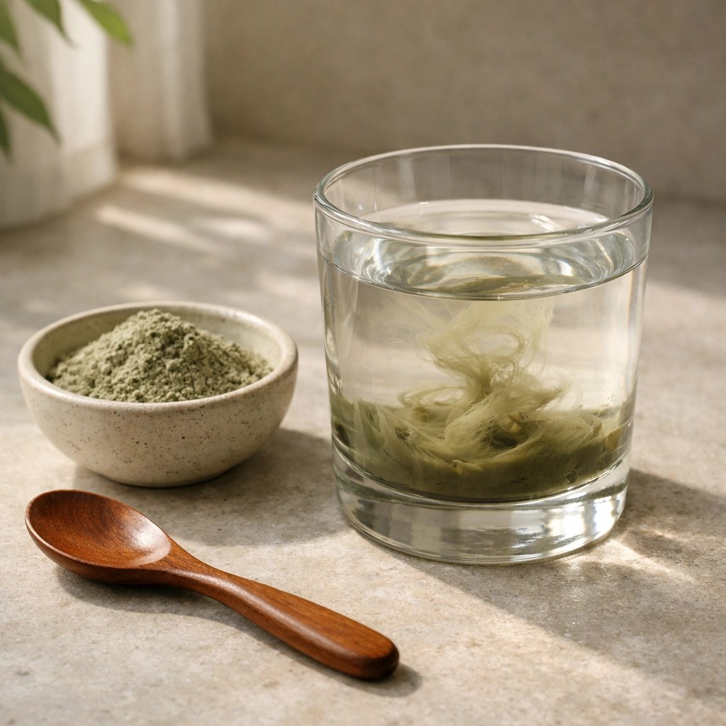 A glass of water mixed with food grade green clay as part of a daily natural healing and detox ritual.