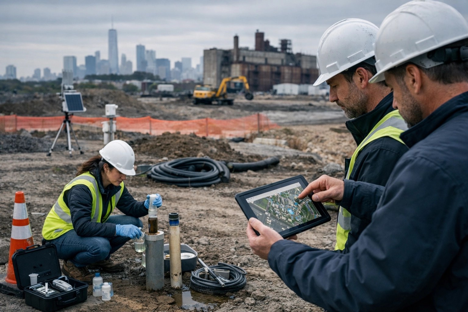 Environmental professionals performing site inspection and sampling review at an industrial redevelopment property in New Jersey