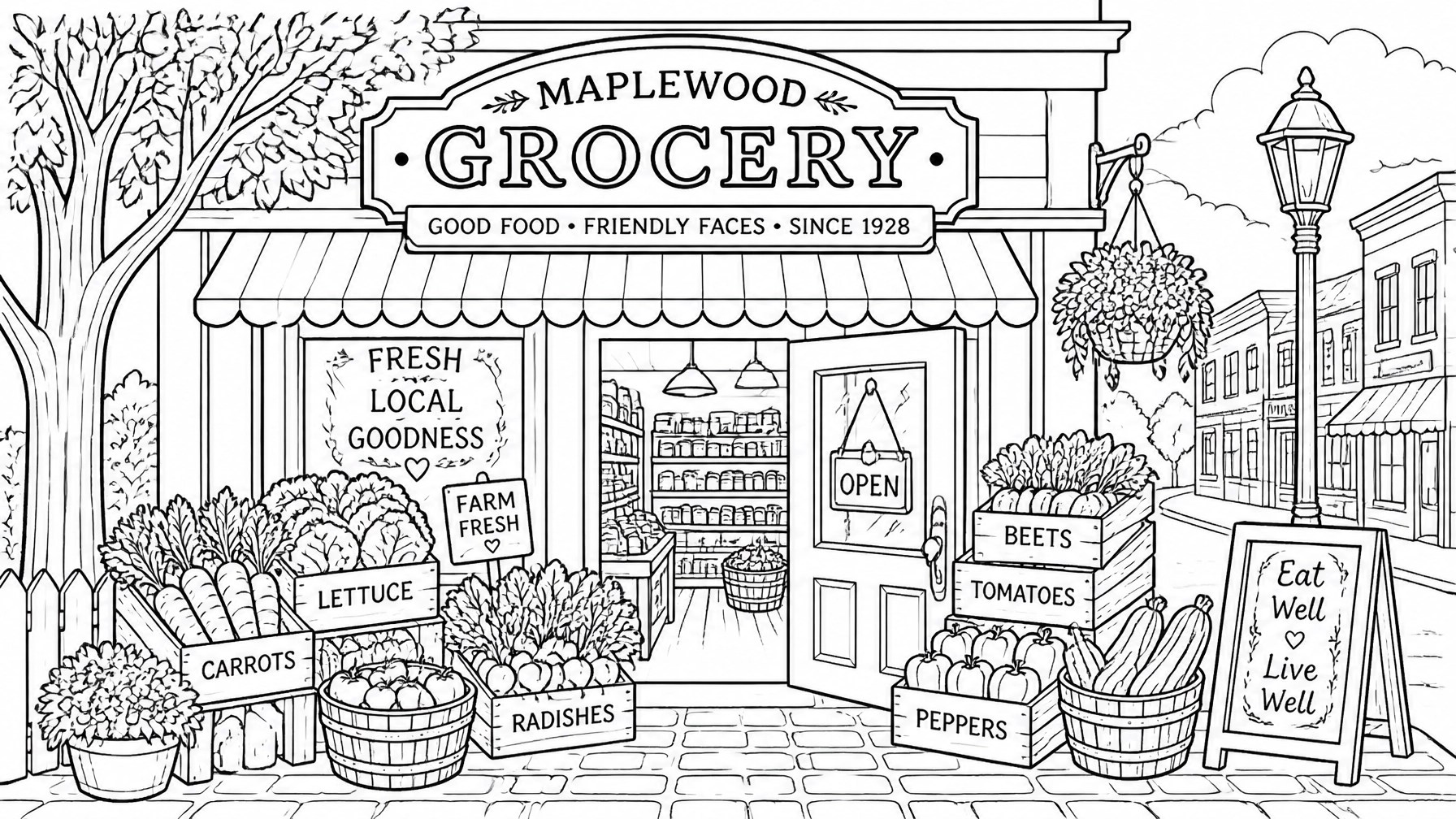Cozy small town grocery store storefront illustration