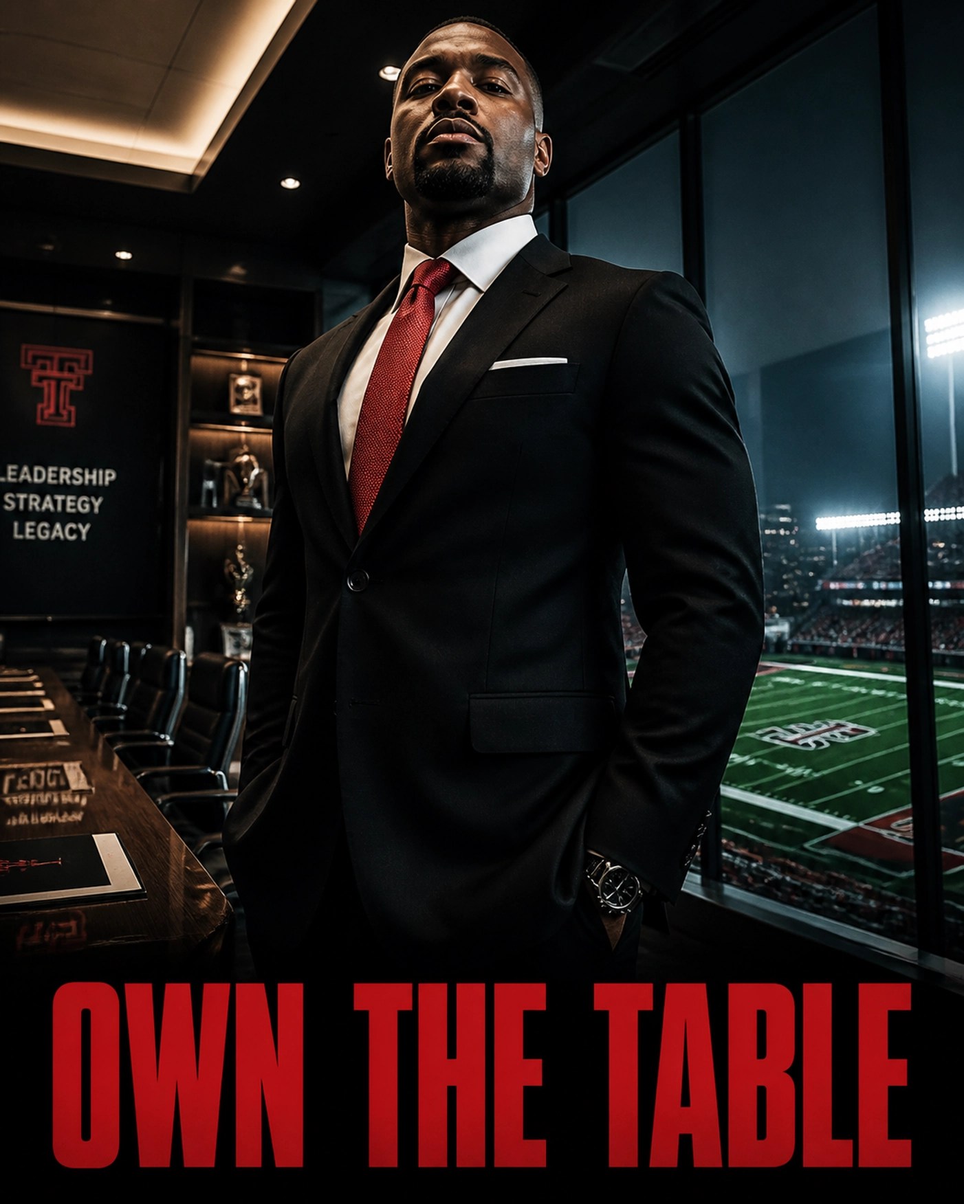 Black professional standing in a luxury boardroom reflecting an NFL stadium, symbolizing ownership.