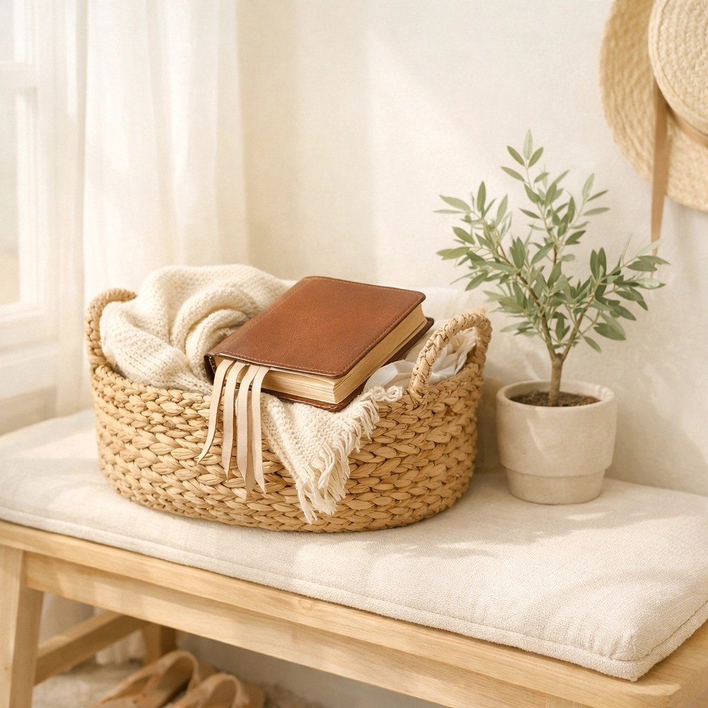 A Bible and olive tree on an entryway bench representing inner stillness and finding God in the noise.