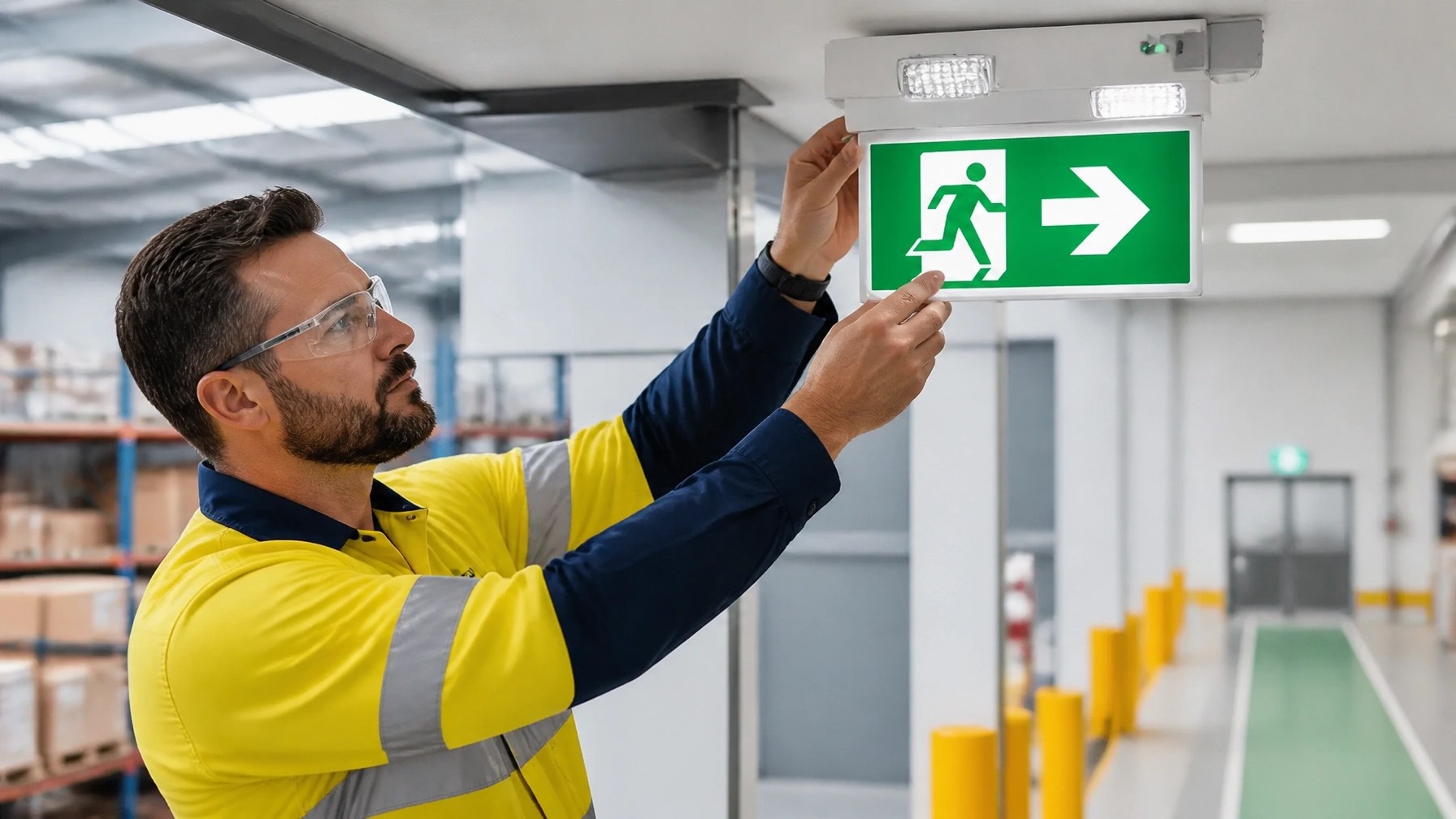 Technician inspecting a bright green emergency exit sign and emergency light in an industrial warehouse