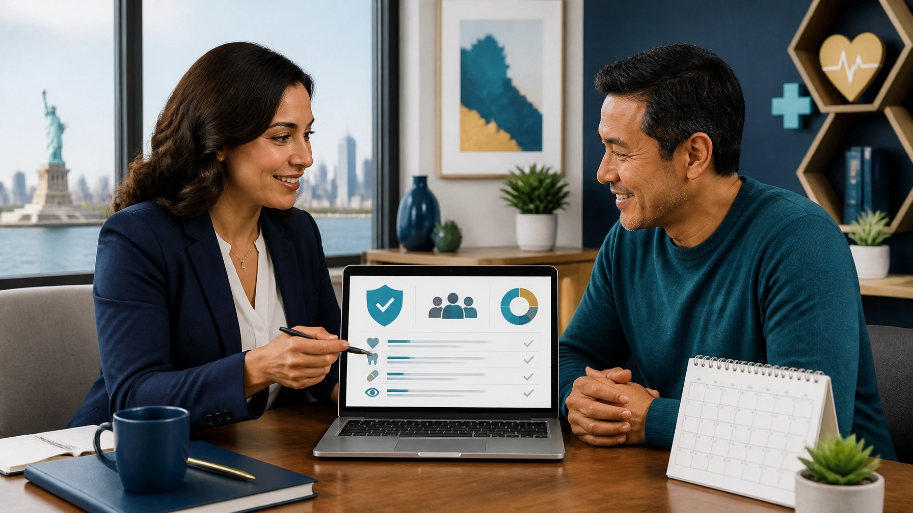 Insurance professional conducting an annual employee benefits review with a New York small-business owner