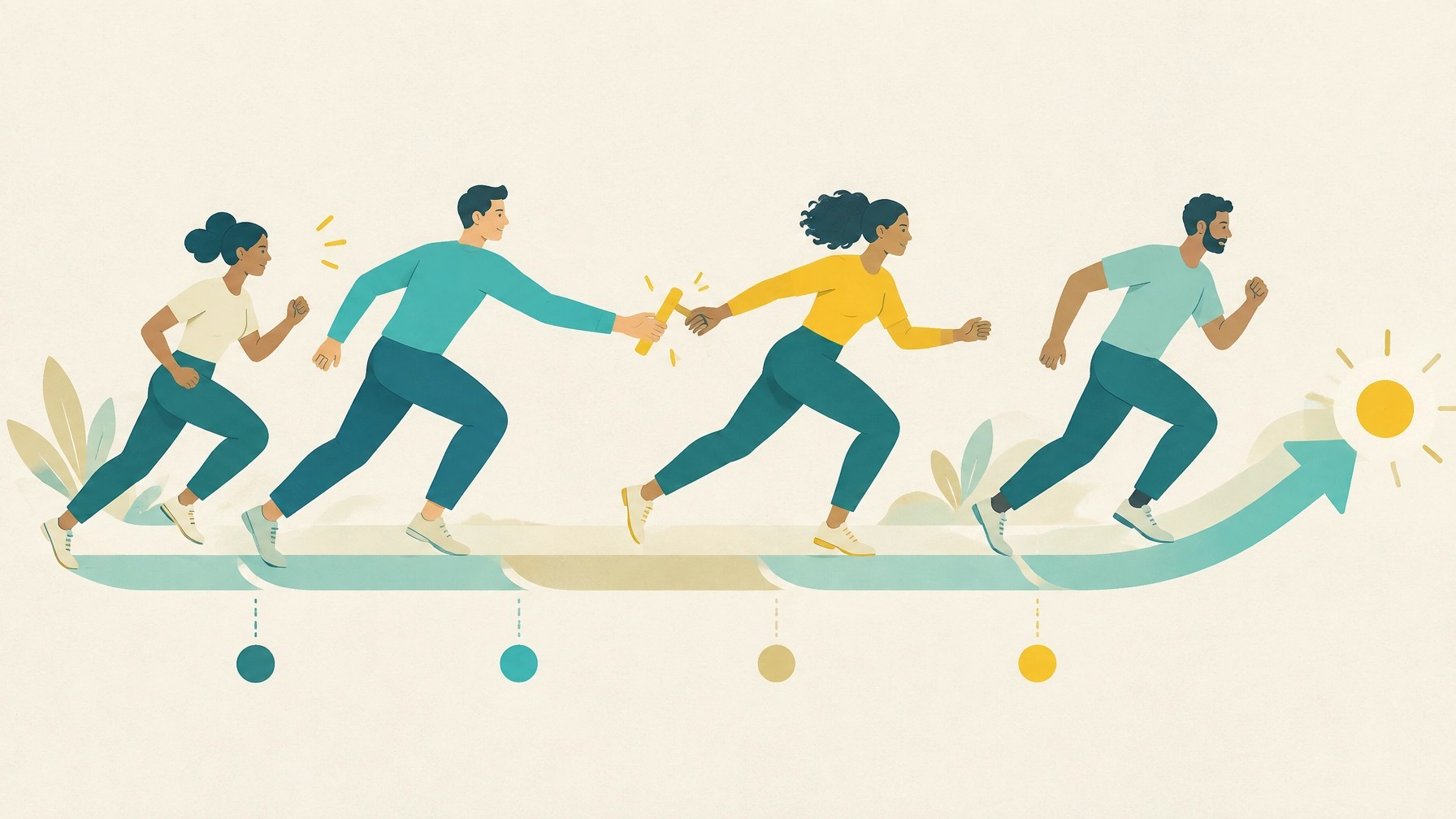 A relay-style baton pass showing delegation as coordinated transfer of ownership and momentum